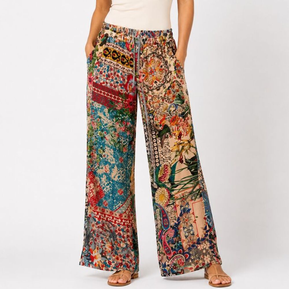 Johnny Was  Sz M Silk Rayon Patchwork Wide Leg Lounge Pants Velvet *AS IS FLAWED